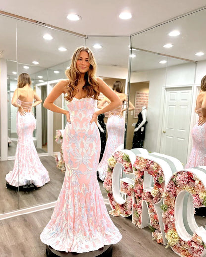 Cute Mermaid Scoop Neck Blush Pink Satin Prom Dresses with Sequins Lace