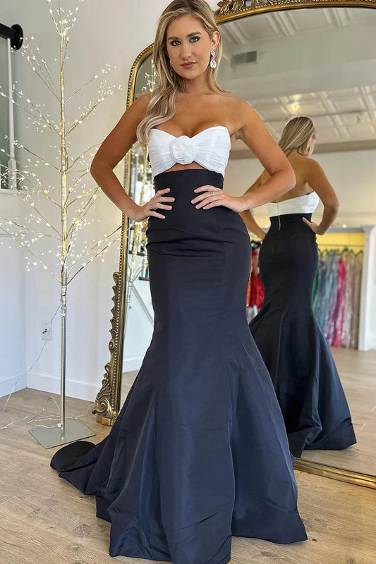 Black Strapless Satin Mermaid Long Prom Dresses