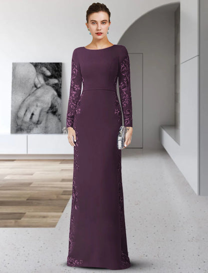 Sheath / Column Mother of the Bride Dress Formal Scoop Neck Floor Length Chiffon Lace Long Sleeve with Sash / Ribbon Appliques