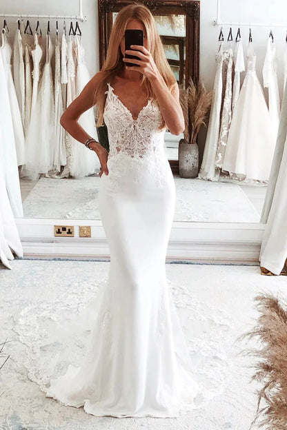 Mermaid V Neck Spaghetti Straps Satin Wedding Dresses with Lace