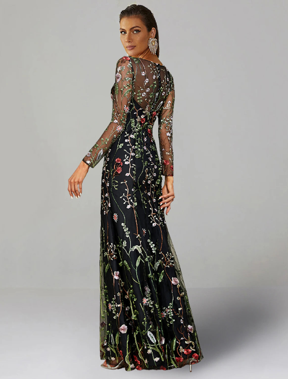 Sheath / Column Wedding Guest Dresses Floral Floor Length Long Sleeve Jewel Neck Fall Tulle Dress with Embroidery