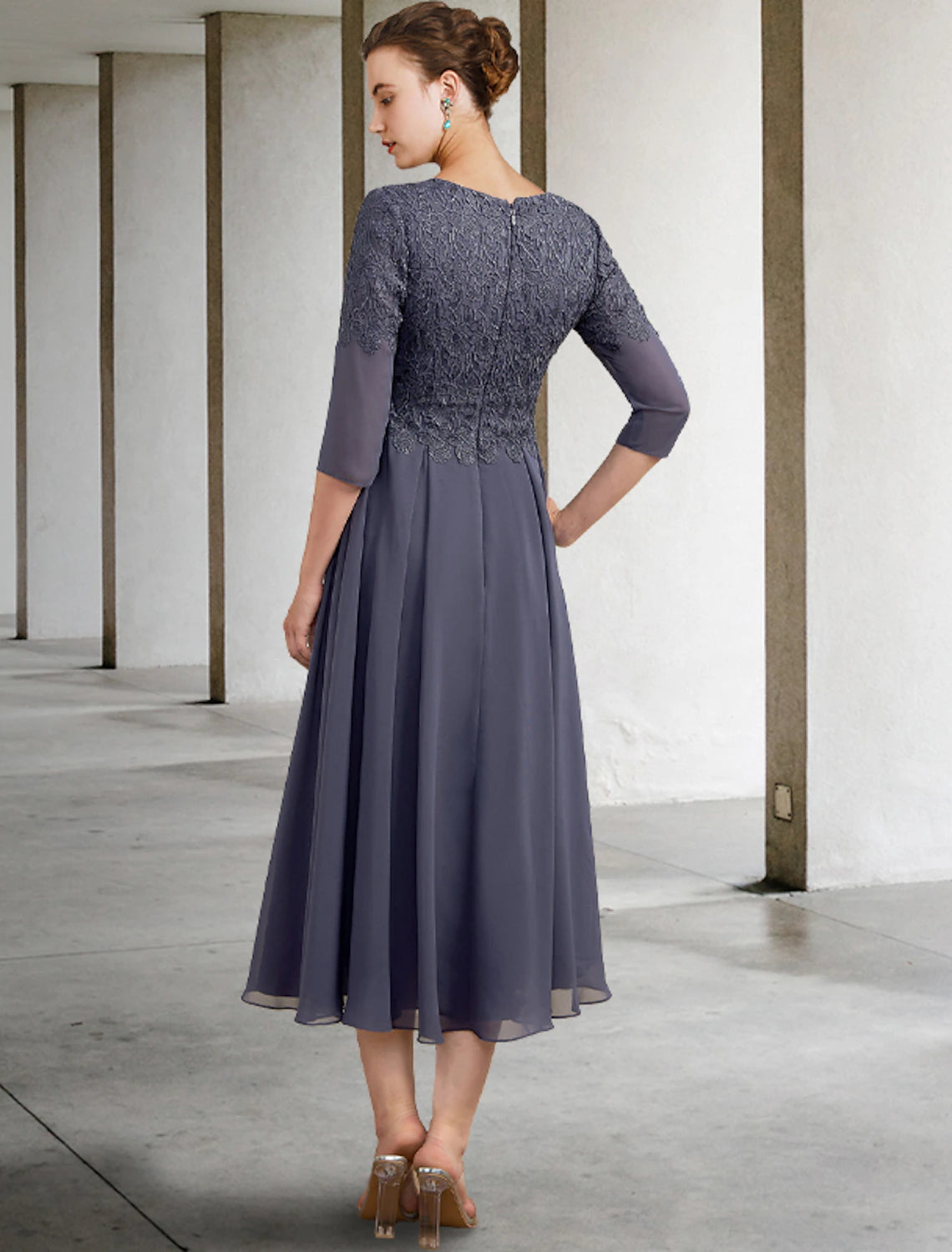 A-Line Mother of the Bride Dress Wedding Guest V Neck Tea Length Chiffon Lace 3/4 Length Sleeve with Ruffles Appliques