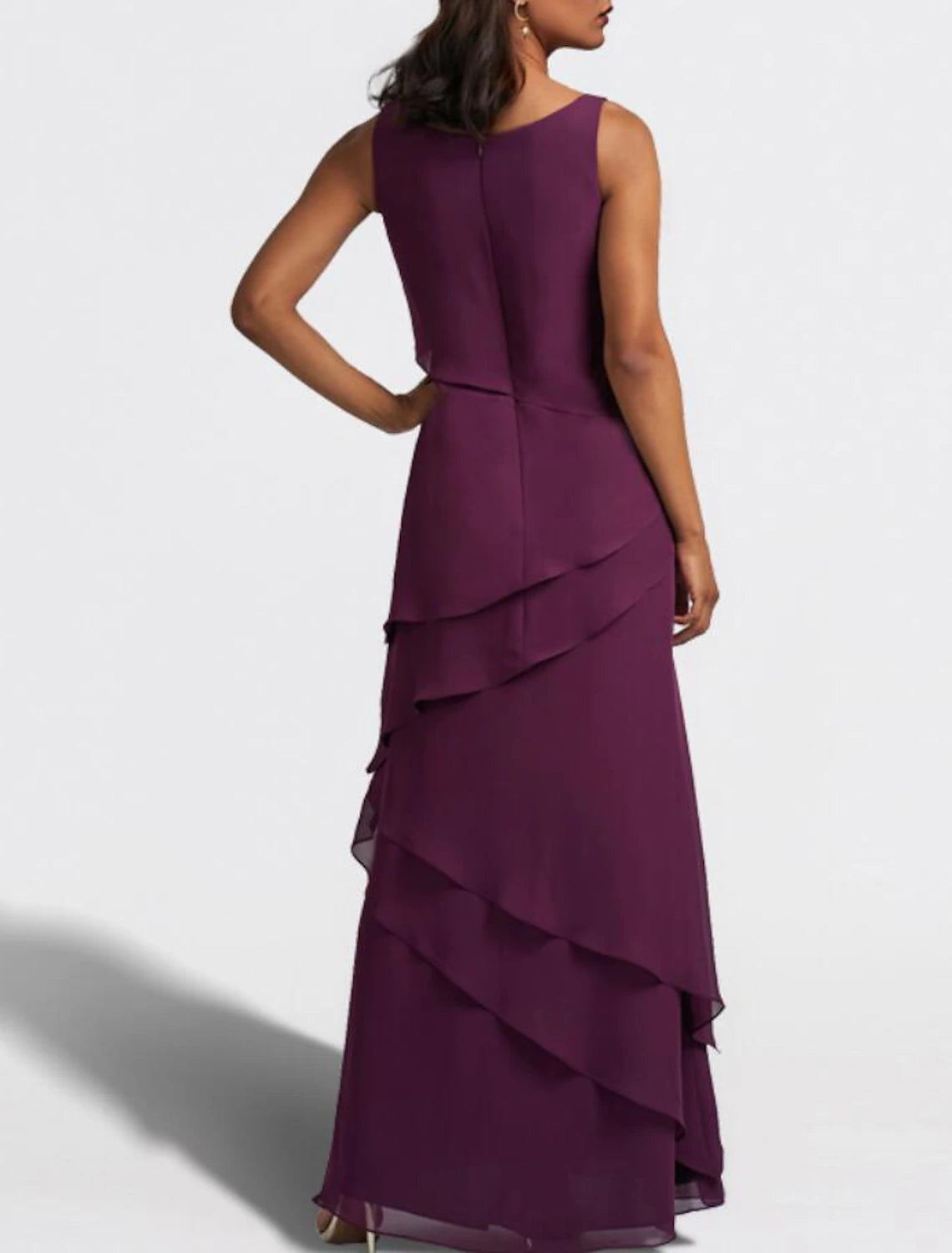 Two Piece Jewel Neck Floor Length Chiffon Mother of the Bride Dress Sleeveless with Cascading Ruffles Solid Color