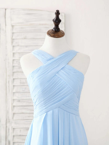 Simple V Neck Chiffon Sky Blue Floor-length Prom Dress Blue Bridesmaid Dress