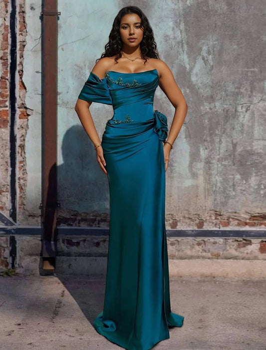 A-Line Evening Gown Sleeveless Strapless Satin with Rhinestone Slit