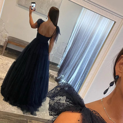 Sweetheart Navy Blue Tulle Long Prom Dress