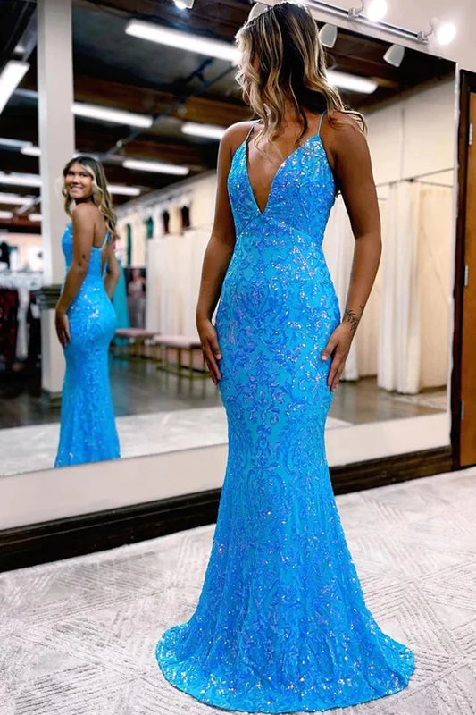 Charming Mermaid V Neck Blue Sequins Long Prom Dresses