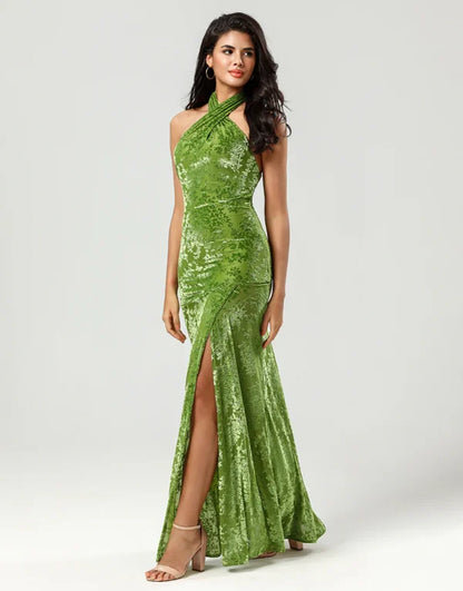 Bridesmaid Dress Mermaid Halter Neck Olive Velvet Long