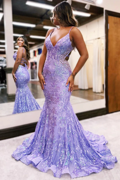 Lilac Sequin Lace V-Neck Long Prom Dress