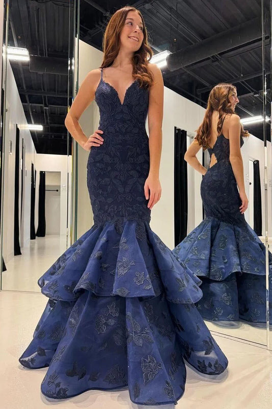 Navy Blue V Neck Mermaid Long Prom Dresses with Appliques