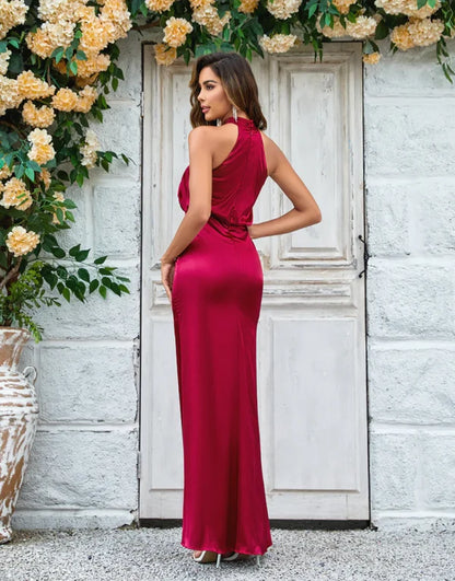 Bridesmaid Dress Mermaid Halter Sleeveless Burgundy