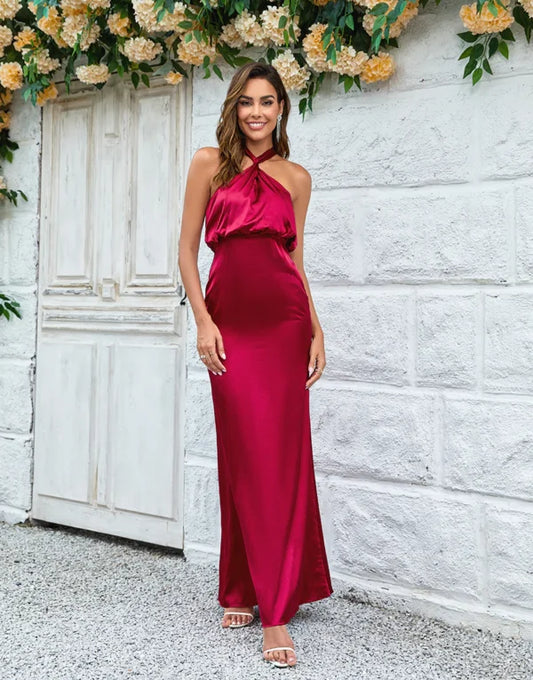 Bridesmaid Dress Mermaid Halter Sleeveless Burgundy