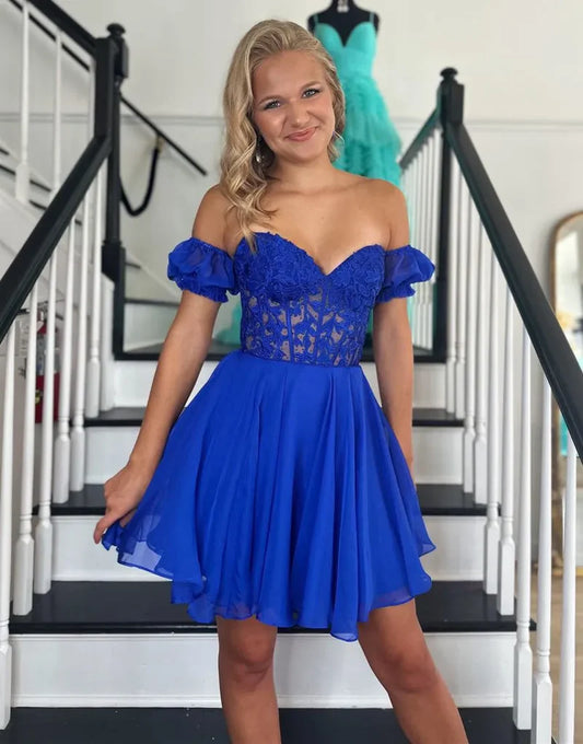 Royal Blue A Line Lace Off the Shoulder Homecoming Dress with Appliques