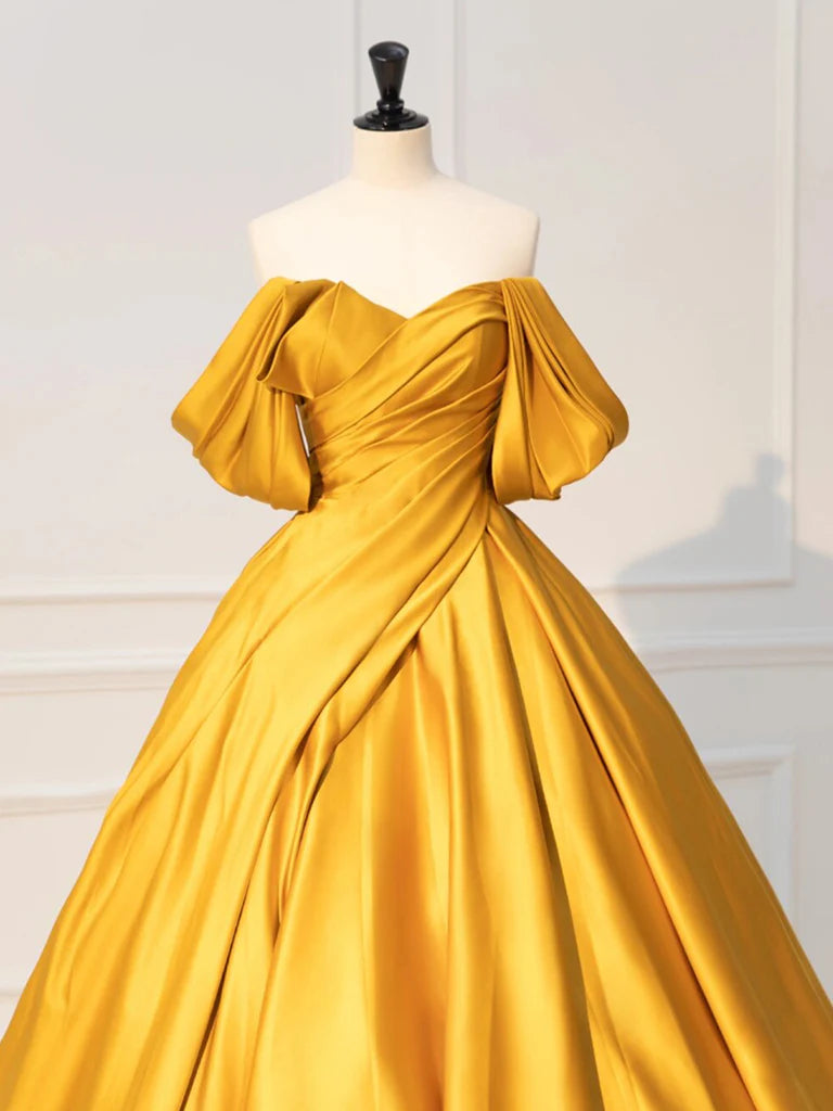 Yellow Off Shoulder Satin Long Prom Dress Quinceanera Dress