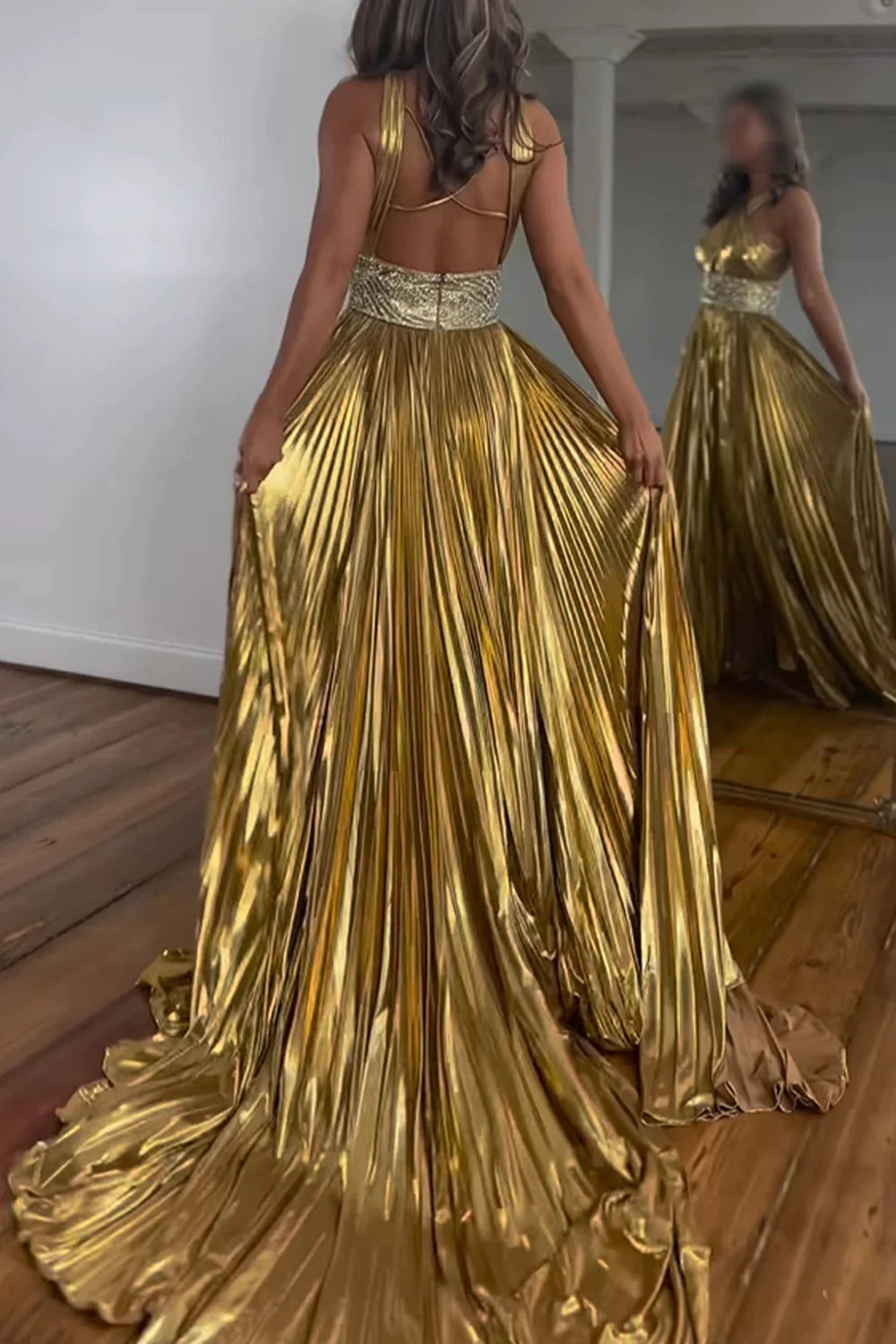 Glitter Golden A-Line Beaded Metallic Long Prom Dress with Slit