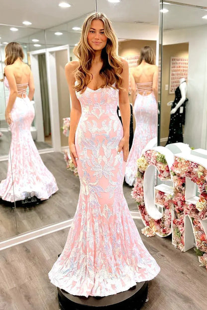 Cute Mermaid Scoop Neck Blush Pink Satin Prom Dresses with Sequins Lace