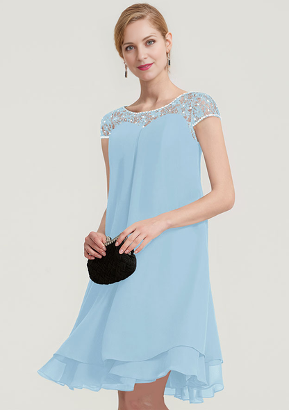 A-line/Princess Bateau Short Sleeve Knee-Length Chiffon Mother of the Bride Dress With Beading Ruffles