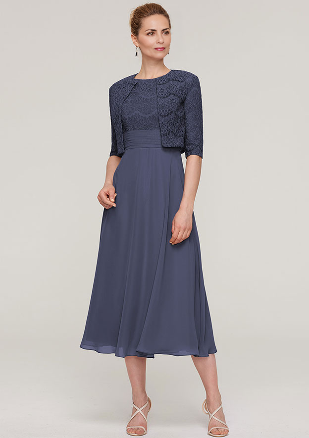 A-line/Princess Scoop Neck Sleeveless Tea-Length Chiffon Mother of the Bride Dress With Lace Jacket