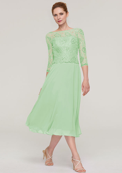 A-line/Princess Bateau 3/4 Sleeve Tea-Length Chiffon Mother of the Bride Dress With Beading Lace