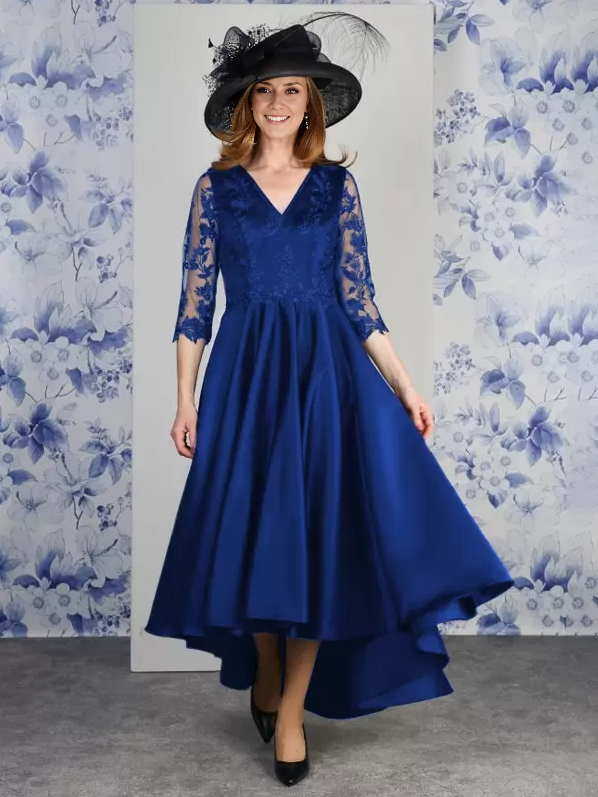 V-Neck 3/4 Length Sleeves A-Line Lace Tea-Length Wedding Guest Dresses Mother of the Bride Dresse