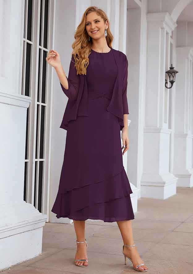 A-line Bateau Tea-Length Chiffon Mother of the Bride Dress With Pleated and Jacket