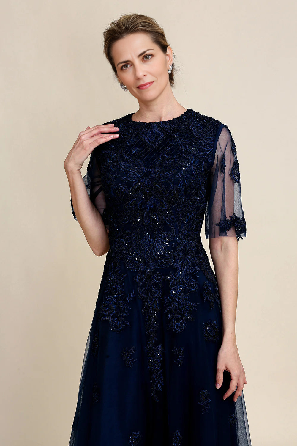 Sparkly Navy Beaded Mother of the Bride Dress with Lace