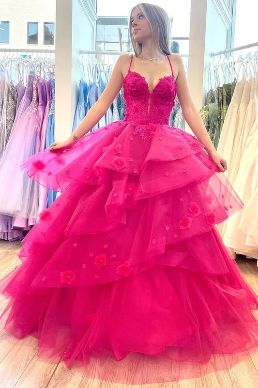 Hot Pink Sweetheart Tiered Tulle Long Prom Dresses with Appliques