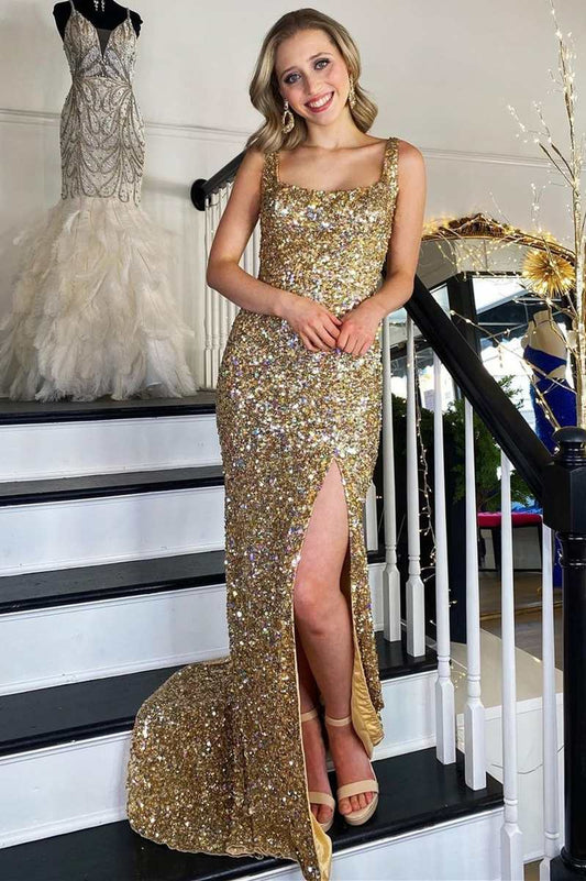 Gold Sequin Square Neck Backless Mermaid Long Formal Dress with Slit