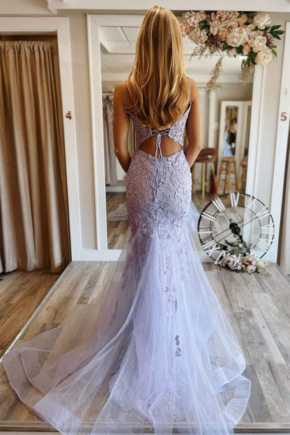 Charming Mermaid V Neck Lilac Lace Glitter Tulle Long Prom Dresses