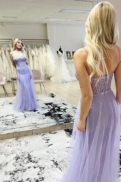 Lilac Sweetheart Sequins Long Prom Dresses with Appliques