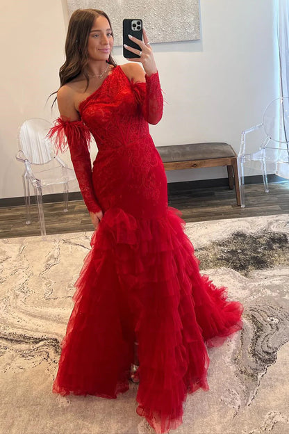 Red Lace One-Shoulder Tiered Mermaid Long Prom Dress