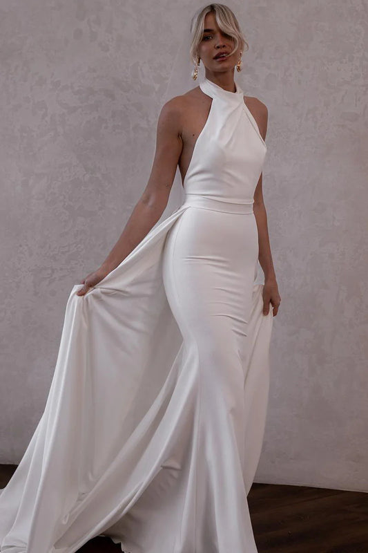 White Satin Halter Wedding Dresses with Detachable Train