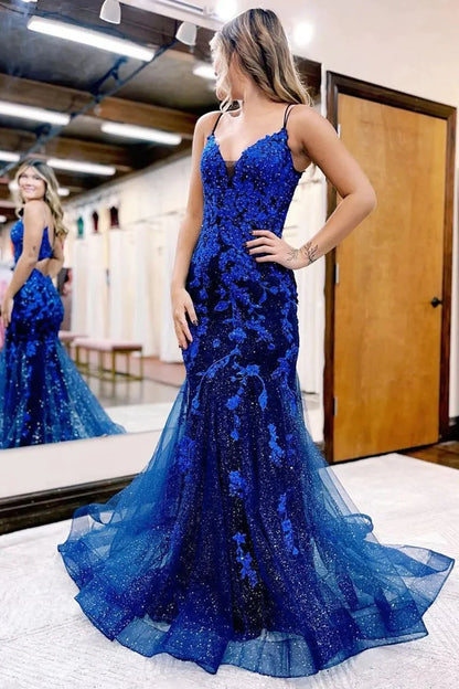 Mermaid Spaghetti Straps Dark Blue Long Prom Dress with Appliques