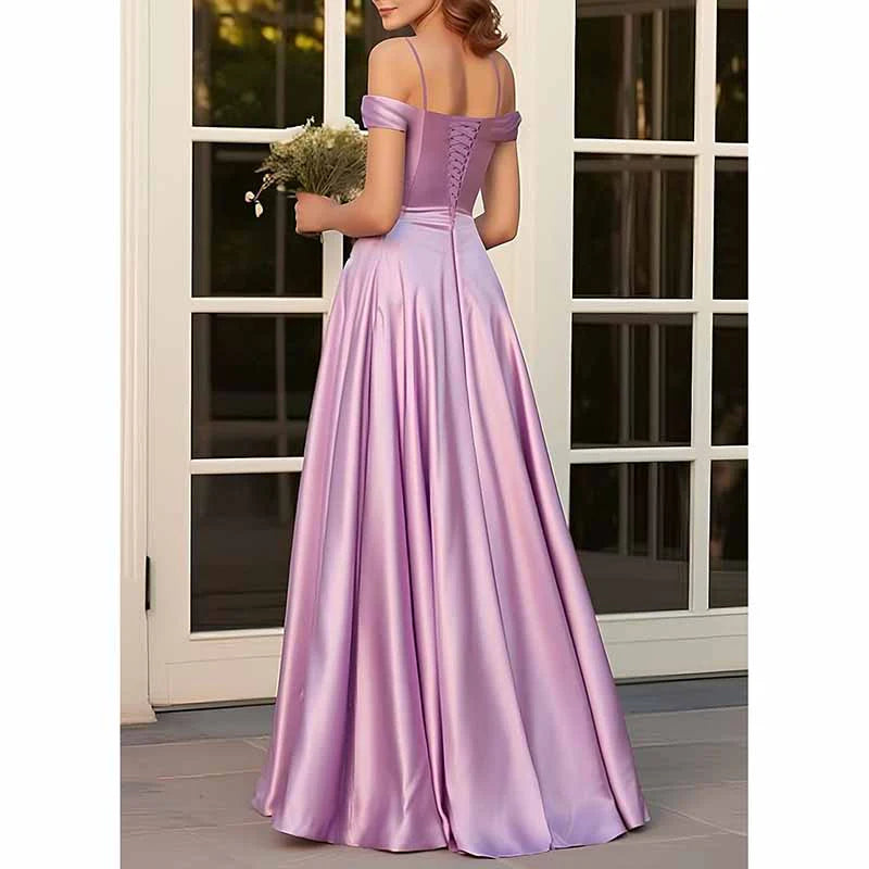 Off The Shoulder Bridesmaid Dresses Satin Spaghetti Straps Evening Gown