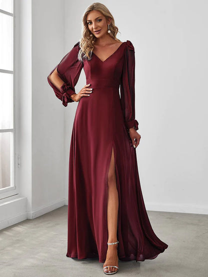 Gentle Split Sleeve Low Back Thigh Slit Bridesmaid Dress