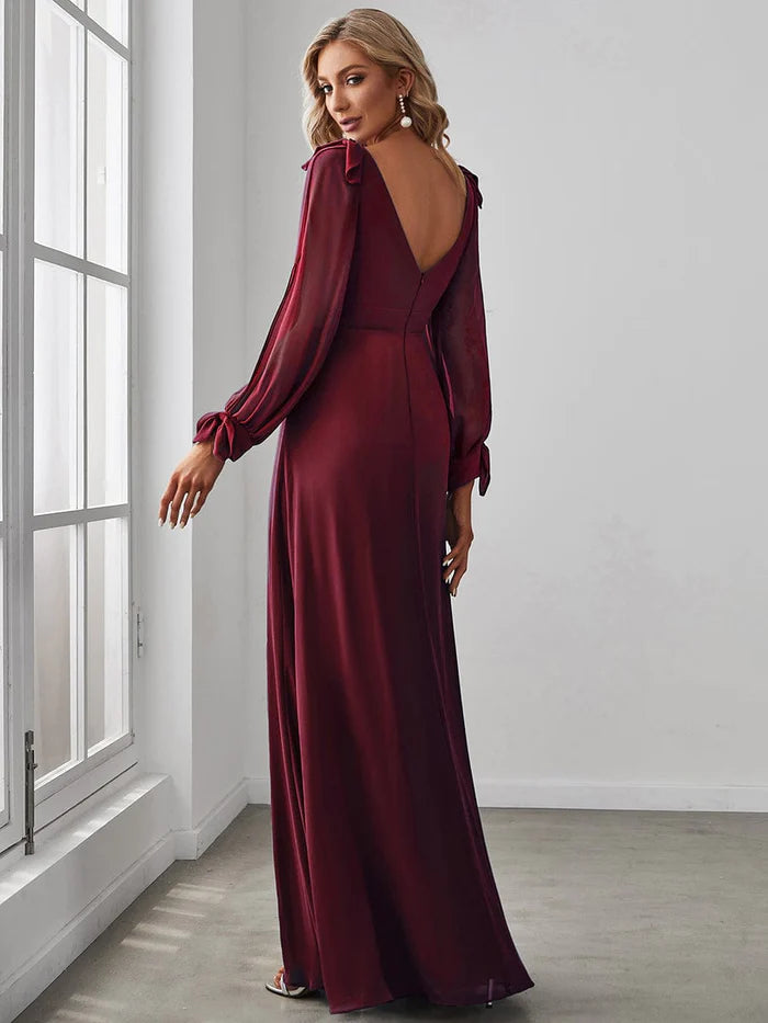 Gentle Split Sleeve Low Back Thigh Slit Bridesmaid Dress