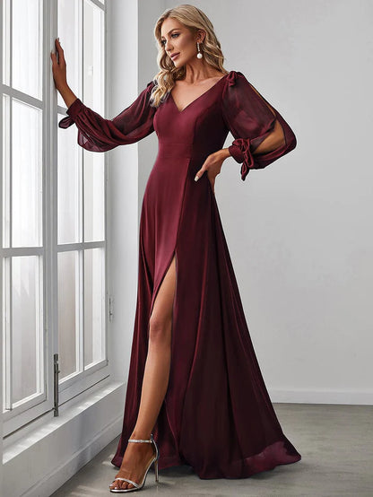 Gentle Split Sleeve Low Back Thigh Slit Bridesmaid Dress