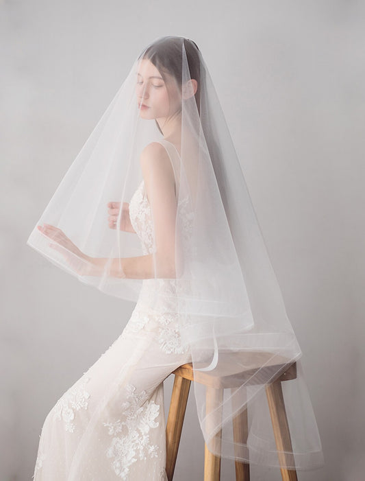 Two-tier Wedding Veil with Fringe 62.99 in (160cm) Cotton / nylon with a hint of stretch / Drop Veil