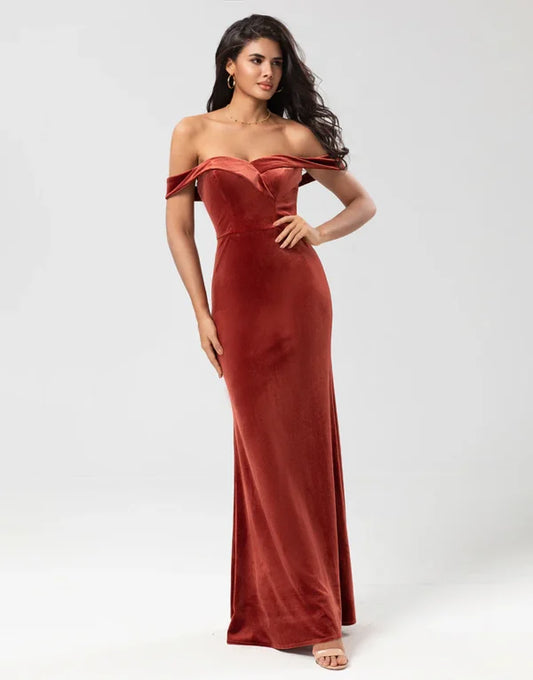 Bridesmaid Dress Mermaid Off the Shoulder Terracotta Velvet