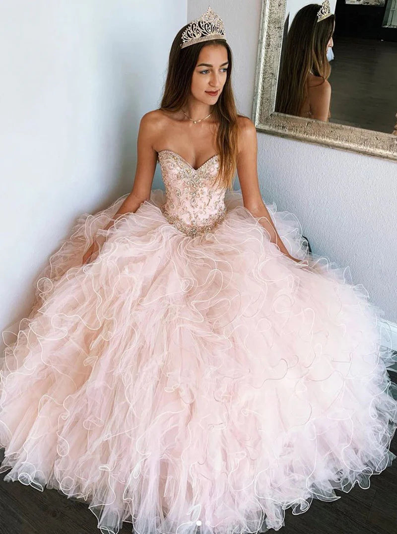 Pink Sweetheart Sleeveless Quinceanera Dresses Tulle Prom Dresses Ballgown&nbsp;