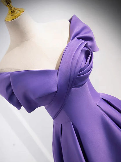 Simple Off Shoulder Satin Purple Long Prom Dress Court Train Dresses