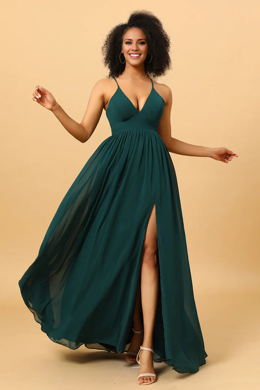 Chiffon Spaghetti Straps Green Bridesmaid Dress with Slit