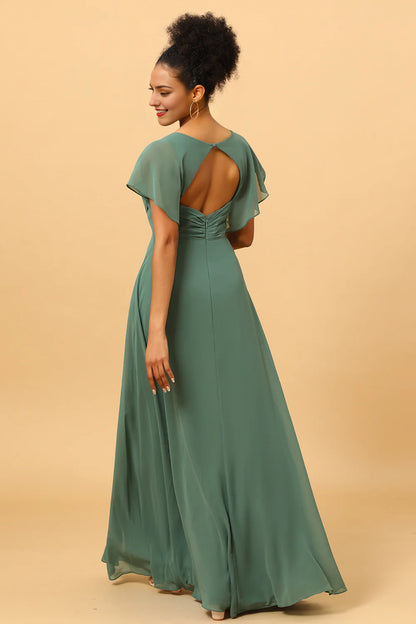 Chiffon A-line Green Bridesmaid Dress with Slit