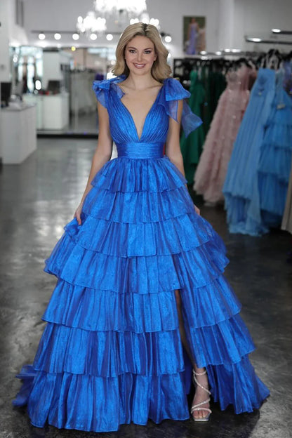 A-Line V Neck Blue Ruffle Tiered Long Prom Dresses