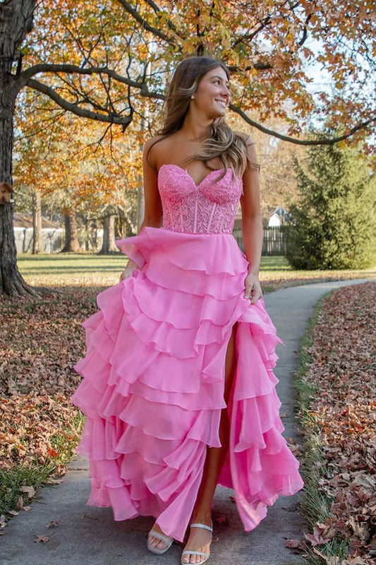 Pink Sweetheart Tiered A-Line Long Prom Dress with Appliques