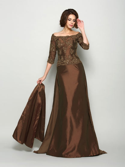 A-Line/Princess Off-the-Shoulder Beading 1/2 Sleeves Long Taffeta Mother of the Bride Dresses