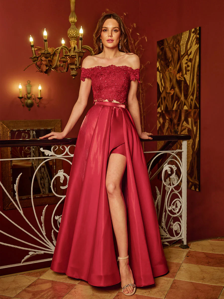 A-Line/Princess Off-The-Shoulder Applique Two Piece Long Prom Dresses