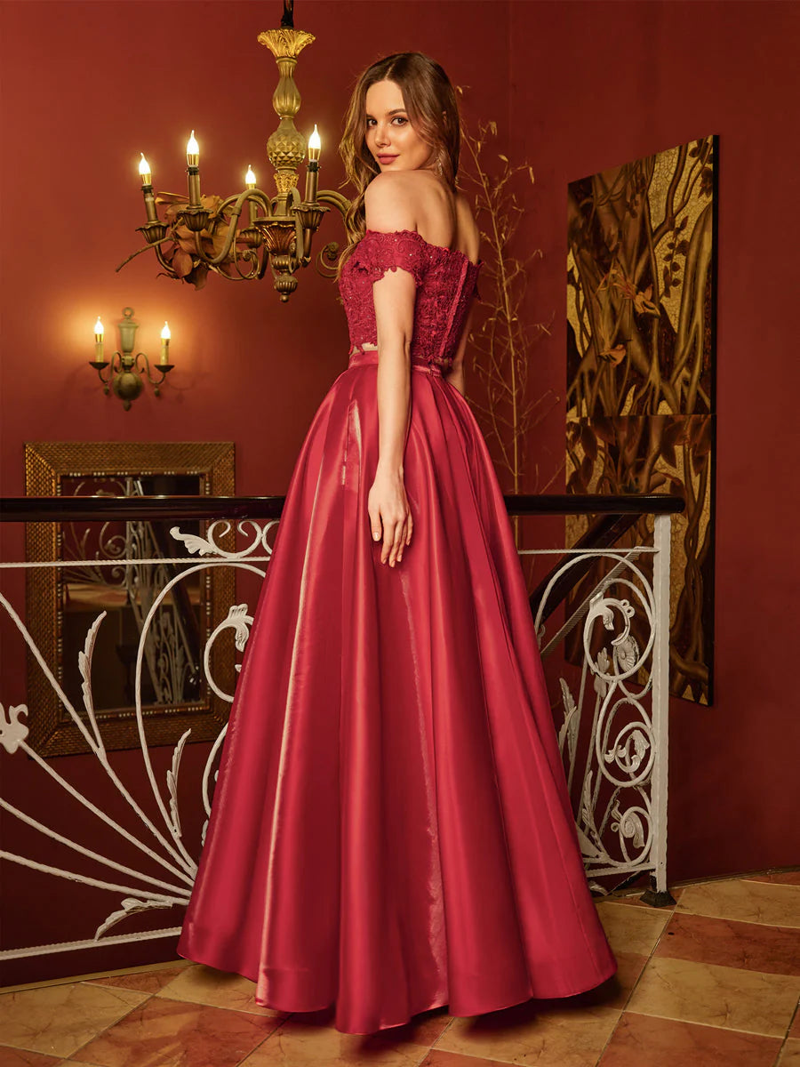 A-Line/Princess Off-The-Shoulder Applique Two Piece Long Prom Dresses