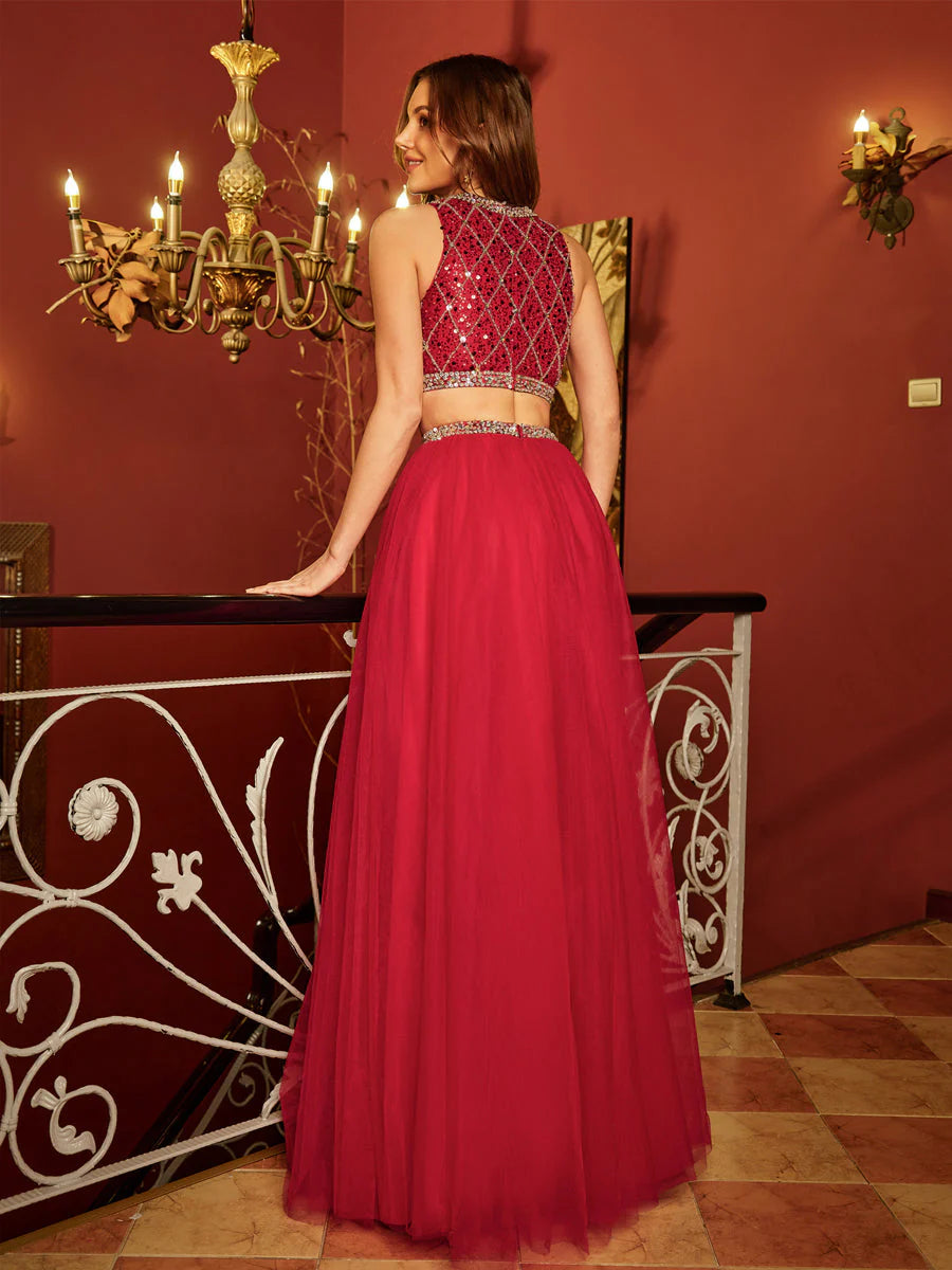 A-Line/Princess Scoop Sleeveless Tulle Sequins Two Piece Long Prom Dresses