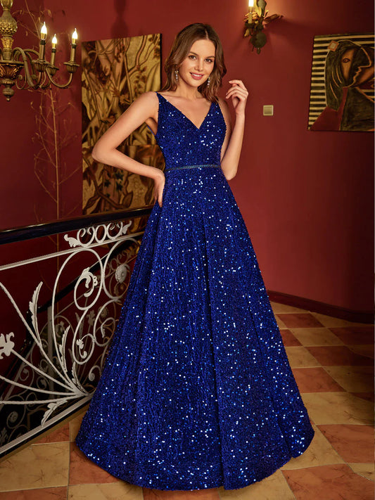 A-Line/Princess V-Neck Long Prom Dresses With Belt